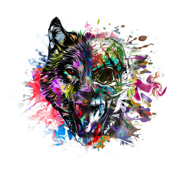Wolf head with colorful creative abstract element on white background