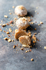 Vegan dessert, raw oatmeal nuts fruit bites prepared with natural ingredients.
