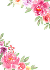 Watercolor loose style pink flower and green leaves frame. Modern trendy template for invitation, wedding, greeting card design. Poster with peony, rose