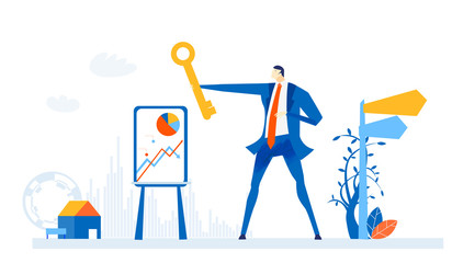 Businessmen having a presentation, talking about growth and potential success,  analysing data, and holding golden key up as symbol of success, concept illustration 