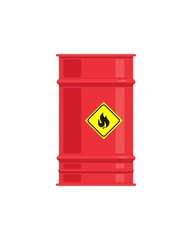Red explosive barrel has a yellow warning sign with a flame symbol. The barrel is isolated on a white background. Vector illustration, EPS 10.
