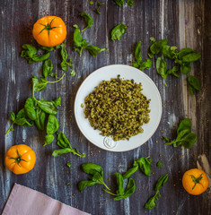 Uzbek traditional dish green pilaf in bag on white plate. Classic central asian Bukharian jewish cuisine.