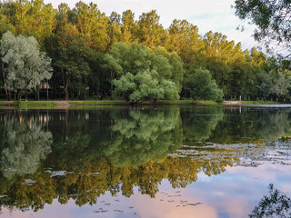 Yaroslavl. Warm evening in Neftyanik Park. Park refinery. Reflection of colorful sunset in the lake. Peace and quiet surrounded by green trees
