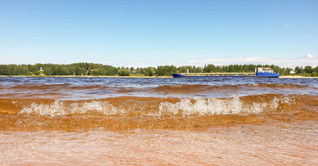 Oil tankers on the ship's course on the Volga near Rybinsk.