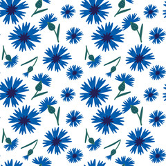 Pattern with scattered cornflowers and leaves, hand drawn vector background