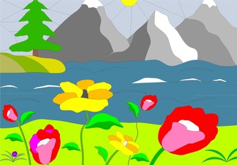 Fototapeta na wymiar Summer landscape mountains, river, flowers