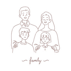 doodle of parents and children with family handwritten lettering,  hand-drawn style vector illustration.