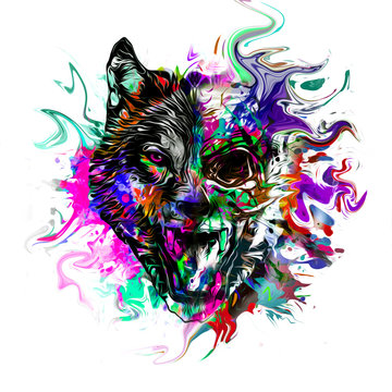 Abstract creative illustration with colorful wolf on black color