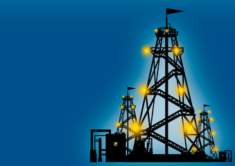 Fototapeta na wymiar Installation at an oil field. Silhouette of drilling rigs on a blue background. Place for an inscription. Lights on the petroleum rig. Concept - development of oil fields. Oil and gas industry.
