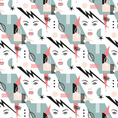 Beautiful Woman Face and Geometric Shapes Seamless Pattern. Modern Abstract Background with Female Face. Beauty and Fashion Vector illustration. Concept for Beauty Salon, Visage and Makeup
