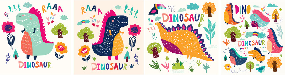 Vector Colorful collection of funny Dinosaurs with trees, flowers , rainbow and leaves. Collection of kids posters