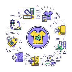 Eco textile web banner. Organic recyclable clothing. Infographics with linear icons on white background. Creative idea concept. Isolated outline color illustration.