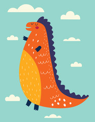 Vector Colorful funny Dinosaur with clouds. Kids poster