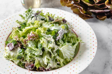 Fresh lettuce with yogurt and chives on a plate