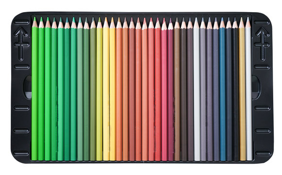 Color Pencils In Box On Isolated White Background