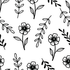 Seamless pattern with hand drawn flowers and leaves Illustration in doodle style for wedding decoration, card, greeting, print and other floral vintage design.