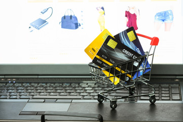 Online shopping concept. Credit cards in the Shopping cart