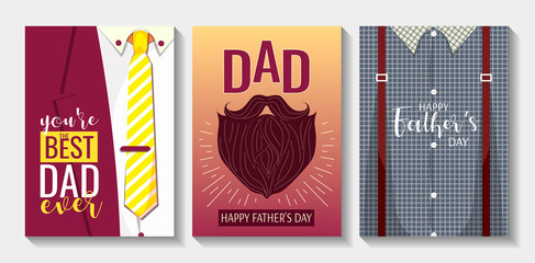 Set of cards or posters for Happy Father's Day. Suit and tie with cute phrase for Dad, beard and mustache, plaid shirt and suspenders. A4 vector illustrations for card, postcard, banner, cover.