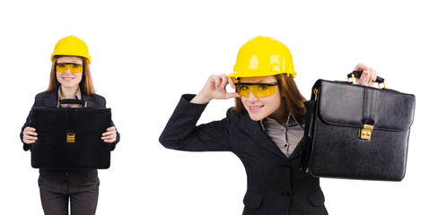 Woman construction worker isolated on white