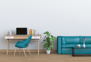 3D render of interior modern living room workspace with sofa, desk, desktop computer