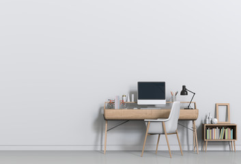 3D render of interior modern living room workspace with desk and desktop computer