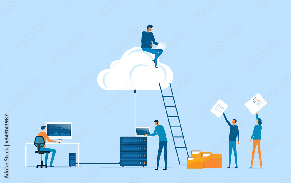 Poster business technology storage cloud computing service concept with administrator team working on cloud