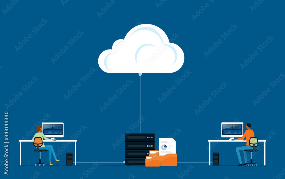 Poster flat vector business technology storage cloud computing service concept with developer team working concept