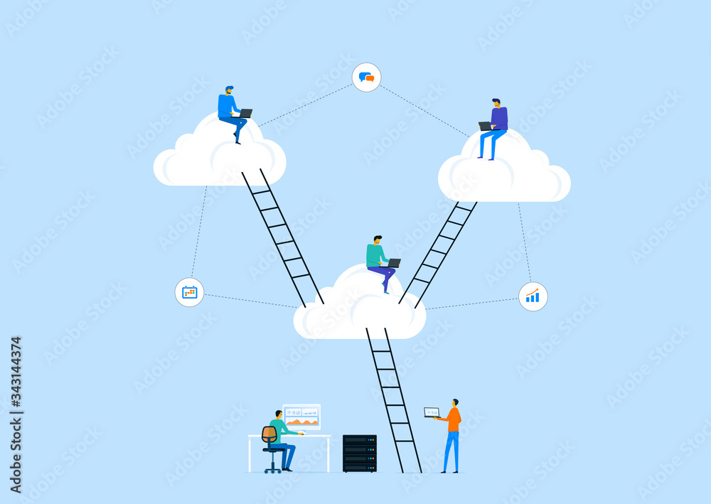 Poster flat vector business technology server storage and cloud connection concept with people working on cloud
