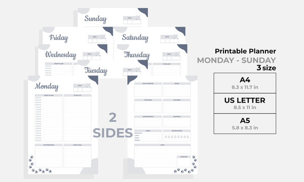 Beauty black cat Minimalist Daily planner pages templates vector paper A4, US Letter, A5, AI & EPS 10 Template
