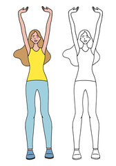 Happy, joyful woman. Victory, luck, good mood concept. Drawing of people in full growth. Set of contour and color drawing isolated on white. Hand drawn vector illustration in simple cartoon flat style