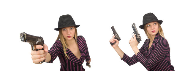 Fototapeta na wymiar Gangster woman with gun isolated on white