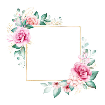 Watercolor floral frame. Botanic decoration illustration of roses and gold leaves. Botanic composition for wedding or greeting card design isolated background