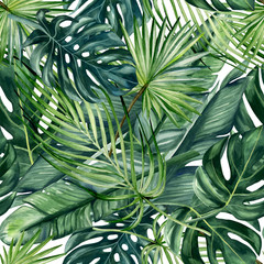 Watercolor hand painted seamless pattern with green tropical leaves of monstera, banana tree and palm on white  background. - obrazy, fototapety, plakaty