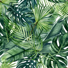 Tapeten Palmen Aquarell handgemaltes nahtloses Muster mit grünen tropischen Blättern von Monstera, Bananenbaum und Palmen auf weißem Hintergrund.