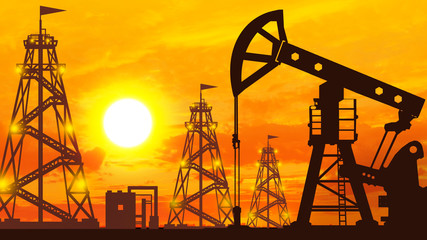 Silhouettes of oil rigs against the sunset. Oil production. Oil export. Petrodollars. Natural...
