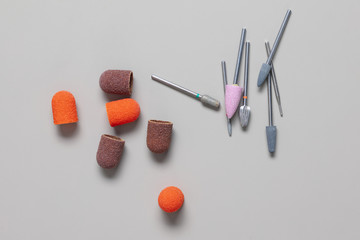 Set of professional manicure tools.  A lot of used cutters, pushers, nail files .
