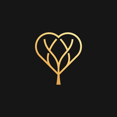 Elegant heart tree line art logo. Abstract mental health care, cardiology, medicine, yoga, organic luxury logo. Park or garden heart simple icon.