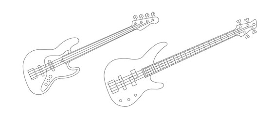 Line illustration of bass and electric guitars, simple drawing realistic detailed linear graphic
