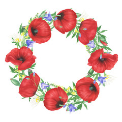 Wreath of red poppies flowers and wildflowers, watercolor painting. For design cards, invitations and prints.