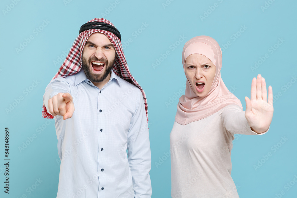 Sticker angry couple friends arabian muslim man wonam in keffiyeh kafiya ring igal agal hijab clothes isolat