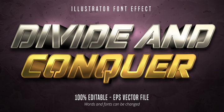 Divide And Conquer Text, 3d Gold And Silver Metallic Style Editable Font Effect