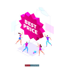 Trendy flat illustration. Customers around product promotion banner. Best price. Template for your design works. Vector illustration.