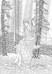 Coloring book for adults with the beautiful lady sitting on a swing in the coniferous forest