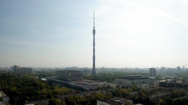 Aerial view of Ostankino television tower. Panorama of Moscow. Urban landscape of the main city of Russia. HD