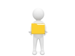 3d character holds a file folder on a white background. 3d render illustration.