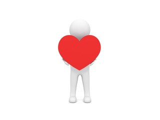 3d character holding a heart on a white background. 3d render illustration.