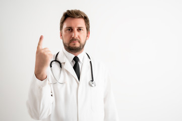 Male doctor with stethoscope in medical uniform sctubs counting one with her finger