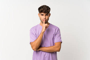 Young handsome man over isolated white background showing a sign of silence gesture putting finger in mouth