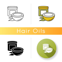 Coconut oil icon. Organic nourishing haircare. Hair mask in jar container. Natural cosmetic product for hair treatment. Linear black and RGB color styles. Isolated vector illustrations
