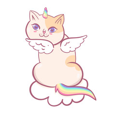 Kawaii cat unicorn character isolated on white background. Vector graphics.